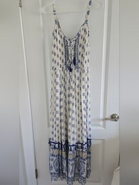 Boho Maxi Dress in Cream and Navy - Lace-Up Front